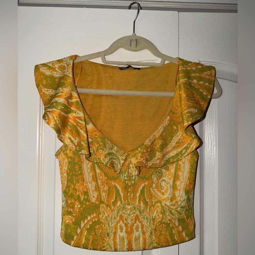 Zara Green and Yellow Patterned Blouse